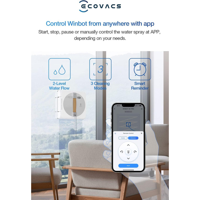 Робот для миття вікон ECOVACS WINBOT W1 PRO, інтелектуальне миття вікон з WIN SLAM 3.0, технологія перехресного розпилення, планув