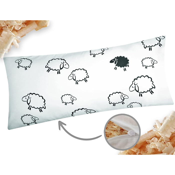 Подушка зі швейцарської сосни 40x80 см - Наповнена швейцарською сосною - Біла та чорна овечка - Подушка зі стружкою та пластівцями швейцарської сосни, на блискавці (Zirbe-99-2-40x80)