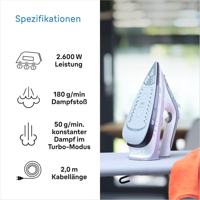 Парова праска Braun TexStyle 5 SI 5037 VI - праска з підошвою Freeglide 3D, вертикальна подача пари, 2700 Вт, паровий удар 200 г /