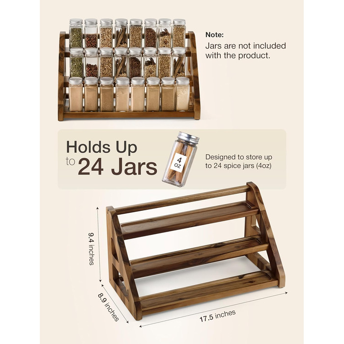Стійка для спецій Tinamo з акації, 3-рівнева підставка для спецій для стільниці або шафи, кухонний органайзер для спецій та полиця для органайзера для спецій (горіх)