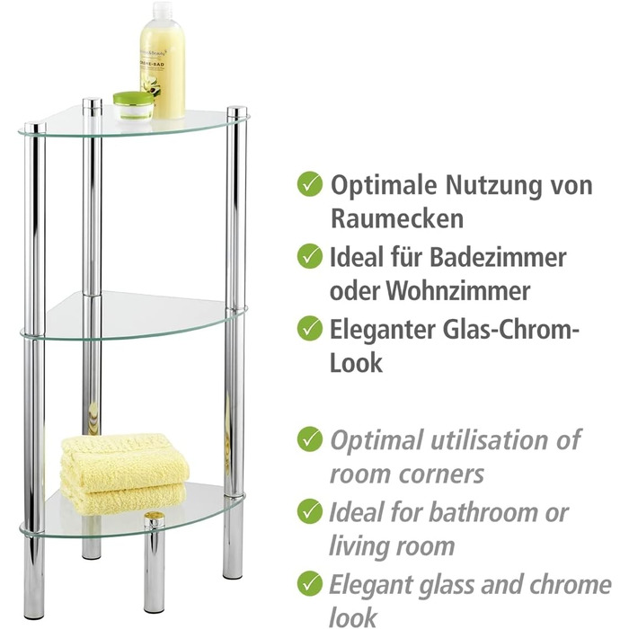 Кутова полиця WENKO Модель Yago з 3 скляними полицями, Кутова полиця для ванної кімнати з нержавіючої сталі та скла, 30 x 74 x 30 см, Компактне сховище для ванної кімнати, 3 яруси