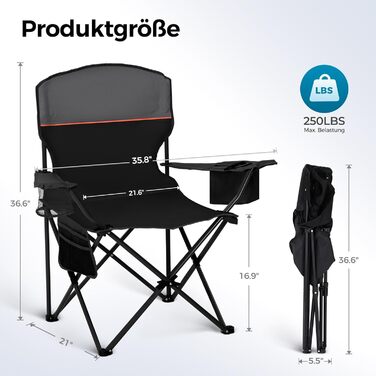 Комплект із 2 предметів Складаний стілець Кемпінговий стілець Зручний рибальський стілець з тримачем для напоїв та відділенням для охолодження, вантажопідйомність до 120 кг, Складаний рибальський стілець Садовий стілець Крісло-відкидне крісло Чорний