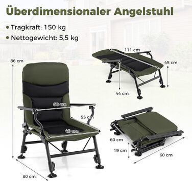 Складане рибальське крісло COSTWAY, регульоване по висоті кемпінгове крісло з регульованою спинкою, крісло для лову коропа з підлокітниками та великими ніжками, портативне рибальське крісло для кемпінгу, риболовля в наметі