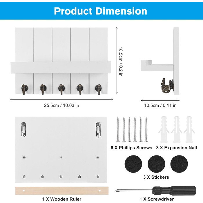 Ключниця Kldgris з полицею, дерев'яна ключниця, декоративна дерев'яна настінна ключниця, з 5 гачками для ключів, для входу, передп