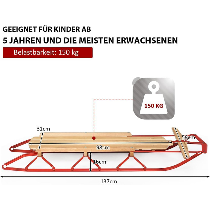 Санки дерев'яні санки, 150 кг вантажопідйомність дитячі санки Давос санки дерево і метал, дитячі санки снігові санки для дітей і д