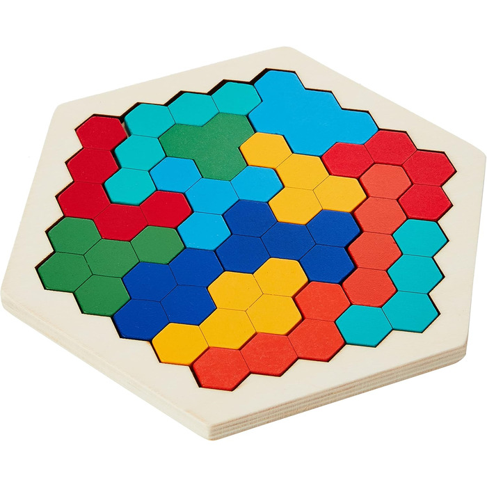 Coogam Wooden Hexagon Puzzle - Shape Block Tangram Brain Teaser Toy Geometry Logic IQ Game STEM Montessori Education Gift for All