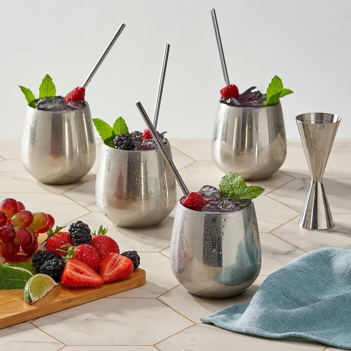 Келихи для червоного вина з нержавіючої сталі без ніжки, 4 металеві соломинки та 2 щітки для чищення, 350 мл - міцні та небиткі -