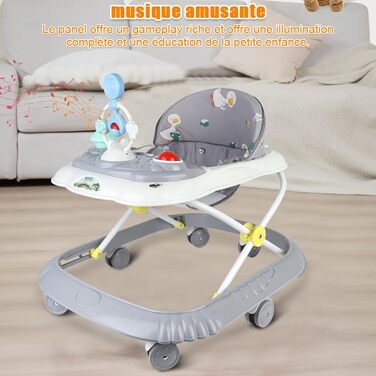 Дитячий вертел 4-в-1 з підносом для музичних занять, 4 регульовані висоти, складні ходунки для дітей від 6 до 18 місяців, вагою до 9 кг (сірий, 58 x 55 x 65 см) Сірий 58*55*65 см