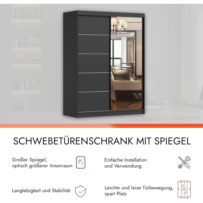 Шафа з дзеркалом, розсувні двері - Чорна шафа з розсувними дверима, шафа для спальні - 61 x 150 x 200 см - Шафа для спальні, гардеробна, шафа чорний/чорний