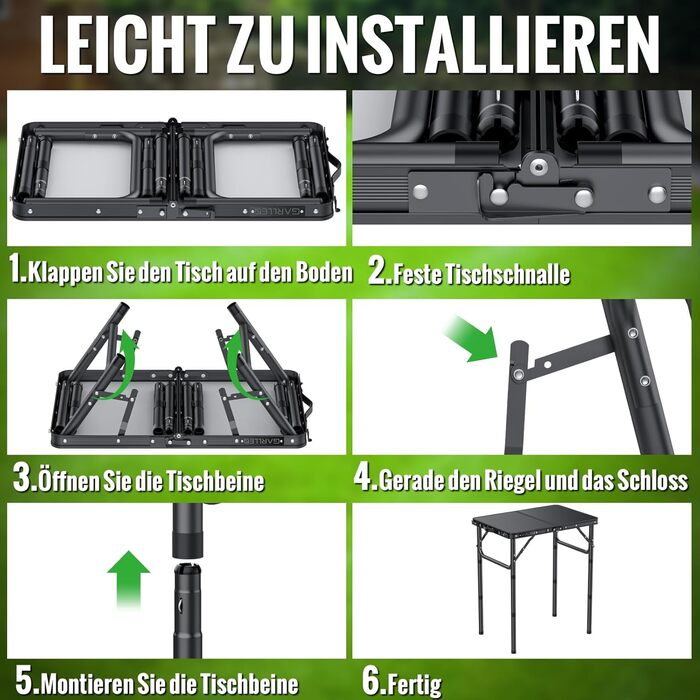 Складаний кемпінговий стіл GARLLEN, 58x40 см та 3 регульовані висоти (26/48/70 см), портативний бічний столик, стіл для барбекю, садовий стіл, стіл для пікніка для кемпінгу, пікніків та використання в саду (чорний) Чорний 58 x 40 x 26/48/70 см