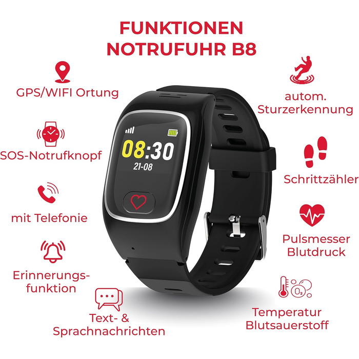 Годинник James B8 для екстрених випадків та безпеки для людей похилого віку GPS, виявлення падіння, кнопка SOS, монітор серцевого ритму, функції для здоров&39я, сімейний додаток, гучний будильник чорний/білий вкл. SIM-картку та 2 місяці безкоштовного тари