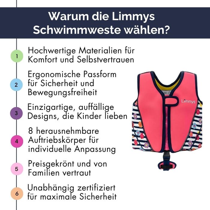Дитячий рятувальний жилет Limmy&39s плавальний жилет з регульованою плавучістю, сертифікований CE, переможець тестів на Vergleich.de, мякий неопреновий комфорт, безпечна та міцна конструкція, з сумкою для перенесення, розмір S, рожева квітка