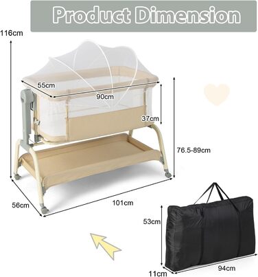 Дитяче ліжко LIFEZEAL з москітною сіткою, дитяче ліжечко-тумбочка з матрацом та колесами, дорожнє ліжечко з 6 регулюваннями висоти, портативна дитяча колиска для малюків 0-6 місяців, колиска з кошиком для зберігання (бежевий)