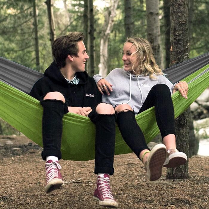 Ультралегкий гамак для подорожей Glymnis з підвісними тросами та сталевими карабінами, вантажопідйомність до 300 кг, зелено-сірий, 300x200 см