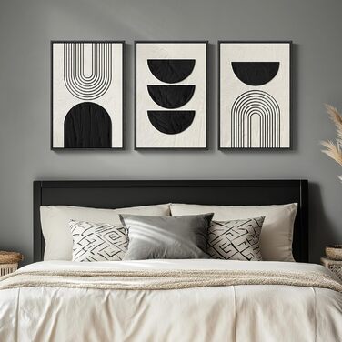 Чорно-біле абстрактне настінне мистецтво в стилі бохо в рамці, 3 шт. сучасні бежеве полотно, картини-витвори мистецтва для стін, чорні геометричні картини для вітальні, спальні, коридору, офісу, настінний декор 16x24 дюймів, 16&39 Ш x 24&39 В x 3 шт. геом