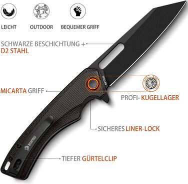 Складаний ніж NedFoss MAMBA, одноручний ніж зі сталі 9CM D2 з рукояткою Micarta, кишеньковий ніж з замком лайнера та шарикопідшипн