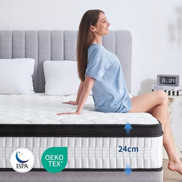 Матрац 180x200 см, висота 24 см, середньої жорсткості (H3/H4), ортопедичний 7-зонний пружинний матрац 180x200 з комфортною піною, сертифікований Oeko-Tex, 480 пружин кишенькового типу на 2 м, 180x200x24 см