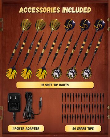 Електронна мішень для дартсу, декоративний набір шаф для електронної міші для дартсу 12 бронзових дротиків з м&39яким наконечником режим гри в крикет - професійна електронна мішень для дартсу з чорними дерев&39яними дверцятами шафи