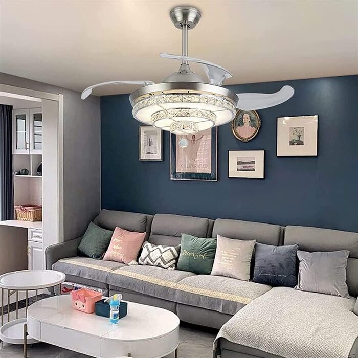 Тихий вентилятор лампа Кришталевий світлодіодний стельовий вентилятор з пультом дистанційного керування висувним невидимим лезом р