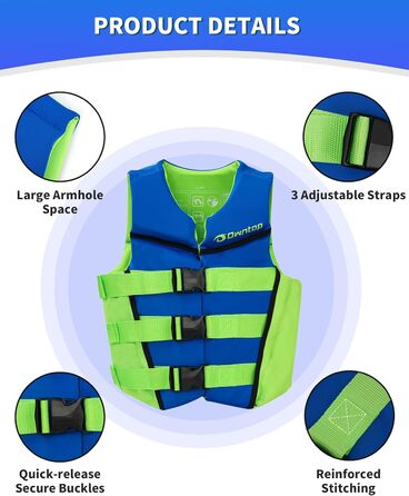 Рятувальний жилет Owntop для підлітків та дітей, регульований рятувальний жилет з потрійними ременями безпеки, легкий рятувальний жилет для каякінгу, плавання, риболовлі, жилет для підводного плавання, синій, розмір M