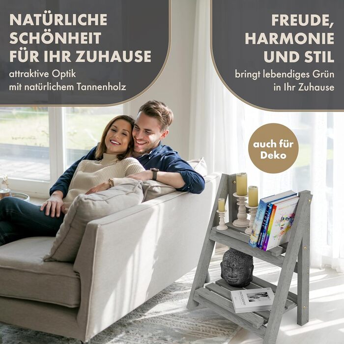 Квіткова драбина S 52x424см світло-сіра - 2-ярусна квіткова драбина, декоративна та стійка до атмосферних впливів, виготовлена з масиву дерева - підставка для рослин для квартири, балкону, тераси, для вулиці та приміщень, складна, S - 52x424см