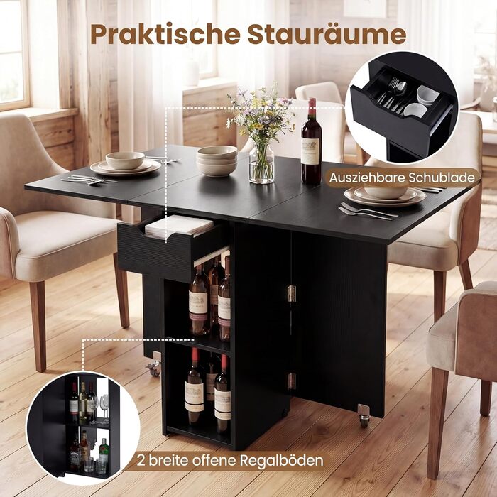 Розкладний обідній стіл COSTWAY, кухонний стіл на колесах, шухляда та 2 полиці, розкладний стіл для 2-4 осіб, обідній стіл для невеликих приміщень, їдальня, кухня, 120 x 72 x 75 см (чорний) чорні колеса з поліуретану