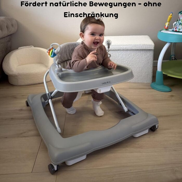 Дитячі ходунки Liefjes & Co з колесами на 360, ігровою приставкою та іграшками регульовані по висоті, складні, з високою спинкою дитячі ходунки (сірі)