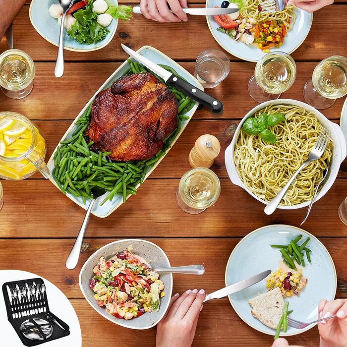 Набір посуду для кемпінгу для 4 осіб, 20 предметів, набір столових приборів для кемпінгу, нержавіюча сталь, з ложкою, виделкою, ножем, тарілкою та затискачем для кемпінгу, пікніків та подорожей, сріблястого кольору