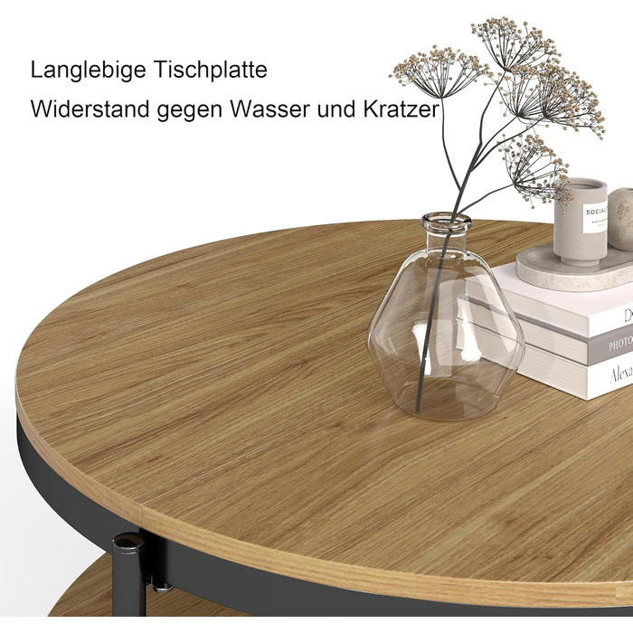 Круглий дерев&39яний журнальний столик Manora, маленький круглий столик для вітальні 80 см, диван-столик з 2 рівнями зберігання, під дуб, металеві ніжки зі сталевим каркасом (світлий дуб), сучасний дуб