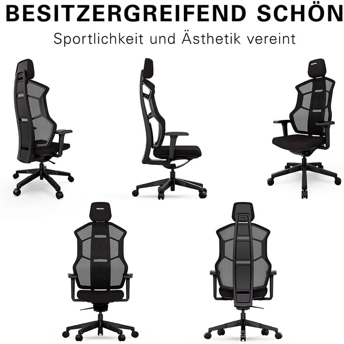 Ергономічне ігрове та офісне крісло RECARO AER Essential 2-в-1 Сертифіковане для офісу Преміальна оббивка Зроблено в Німеччині Гнучке регулювання - до 150 кг, колір Midnight Black