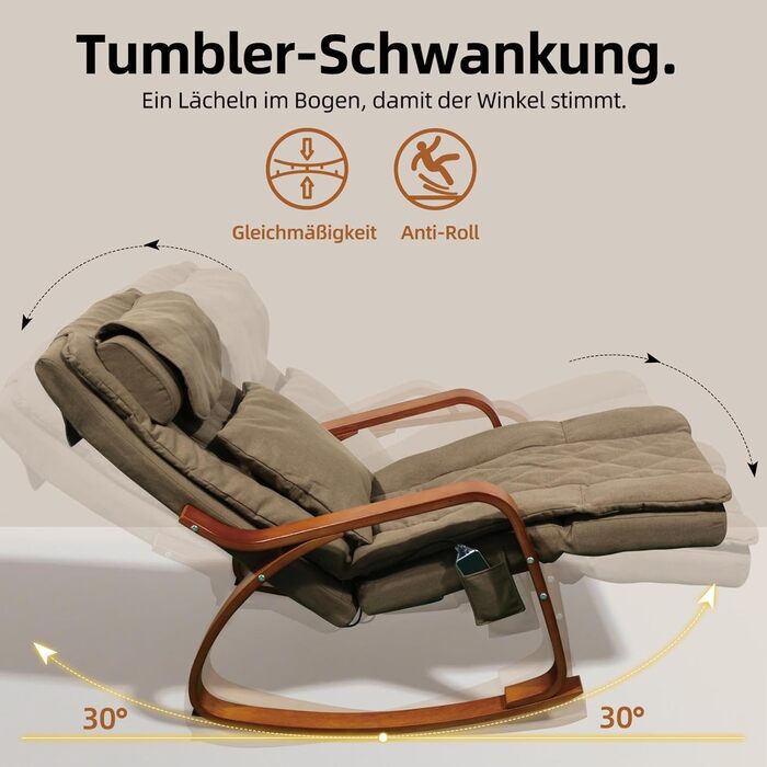 Масажне крісло-гойдалка, крісло-реклайнер, крісло для телевізора з 3-зонним масажем, масажне крісло з функцією підігріву, регульований підголівник та підставка для ніг, знімний чохол, вантажопідйомність 150 кг, світло-коричневий колір