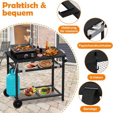 Візок для гриля на відкритому повітрі/стіл для гриля - Мобільний стіл-підставка для піци з колесами, стіл-візок для їжі на відкритому повітрі з двома сітчастими стійками для домашніх вечірок, кемпінгу та використання на свіжому повітрі