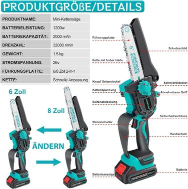 Міні-бензопила з акумулятором 4000 мАг, 8-дюймова та 6-дюймова міні-бензопила електрична з автоматичною маслянкою та безщіткова ручна бензопила 26 В-2*2000 мАг Акумулятор для секатора Секатори Різання деревини Z Blue