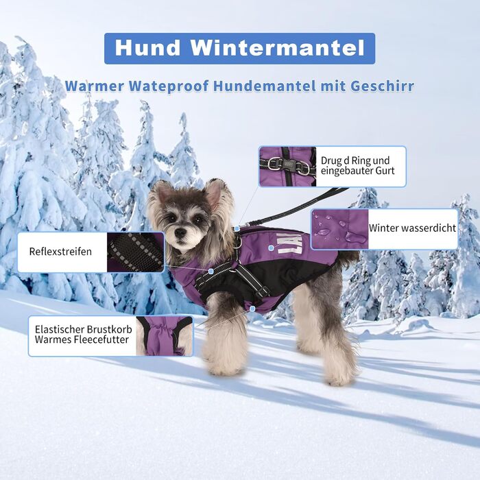 Пальто для собак, куртка для собак, зимове пальто для собак, водонепроникне пальто для собак, шлейка для собак, пальто, пальто для маленьких собак, зимове пальто для собак зі шлейкою для маленьких, середніх та великих собак, L, фіолетовий