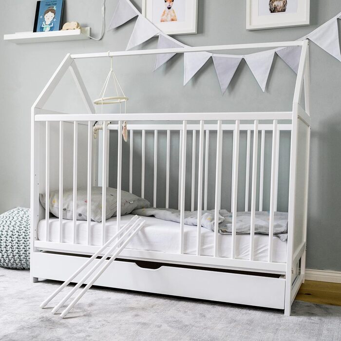 Дитяче ліжечко Двоспальне ліжечко 60x120 см з шухлядою та матрацом Ліжко для дому Дитяче ліжко 120x60 см біле з шухлядою, регульов