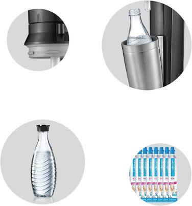 Зі скляною пляшкою для газованої води, яку можна мити в посудомийній машині, включаючи 1 циліндр і 1 скляний графин 0,6 л Колір титан/срібло, матова сталь, титан/срібло 130 см З 1 графином, 2.0