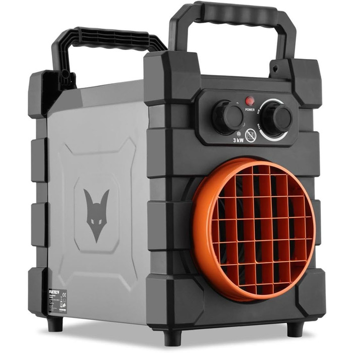 Електричний обігрівач FUXTEC FX-EH3, вентилятор-обігрівач з 2 рівнями нагріву 1500 Вт/3000 Вт, плавно регульований термостат, витрата повітря 284 м/год, клас захисту IP24, компактний та портативний для приміщень площею до 90 м