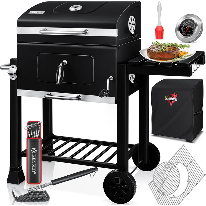 Вугільний гриль KESSER BBQ Smoker XL з кришкою, колесами, ручкою з нержавіючої сталі, термометром, решіткою для гриля, щіткою, кришкою, 8 шампурами з пакетом і силіконовою щіткою, окремо стоячим грилем, візком для вугільного гриля