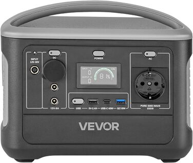 Портативна електростанція VEVOR 600Вт, сонячний генератор 493Втгод з LiFePO4 акумулятором та 7 виходами, для дому, кемпінгу та автодомів (без сонячної панелі)