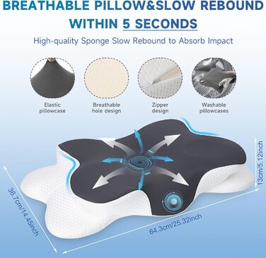 Подушка для шиї, ергономічна подушка з двома висотами, подушка з піни з ефектом пам&39яті, подушка для сну на боці з дихаючою наволочкою, подушка-метелик для сну на боці, на спині та на животі