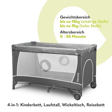 Дитяче ліжечко Lionelo Flower 4-в-1 з боковим входом, пеленальний столик, два рівні висоти підвіски матраца, арка для іграшок з фігурками, колеса, сумка для перенесення, сірий колір