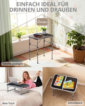 Складаний стіл для пікніка HOMGEN 58x40 см, регульована висота у 3 напрямках, розкладний стіл, стіл для пікніка, балкон, стіл для барбекю, садовий стіл, кемпінговий стіл, легкий та портативний для активного відпочинку, балкону, саду - чорний