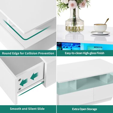 Білий журнальний столик YITAHOME, глянцевий стіл для вітальні з 16-кольоровим світлодіодним підсвічуванням, сучасний бічний столик з відкритою полицею та 4 висувними шухлядами, 90x55x41,1 см