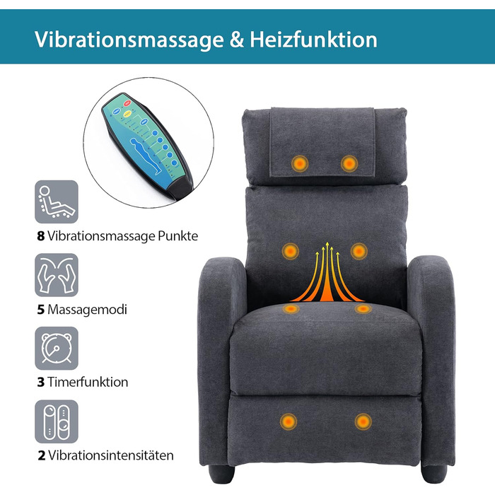 Крісло-реклайнер, крісло під телевізор з функцією відкидання, функція масажу, функція підігріву, масажне крісло з пультом дистанційного керування, тканинний шезлонг, сірий реклайнер з поліестерової суміші
