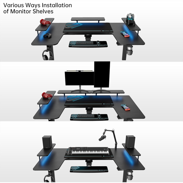 Електричний стіл з регульованою висотою 190110 см U-подібний ігровий стіл Великий кутовий стіл з регульованою висотою з підставкою для клавіатури, комп&39ютерний стіл з 3 підставками для світлодіодних моніторів ERK-U71-B-2-EU Чорний