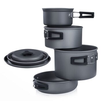 Набір посуду для кемпінгу з 7 предметів для 4-5 осіб - Міцний алюміній з антипригарним покриттям - Набір каструль та сковорідок у сітчастій сумці для кемпінгу та використання на природі