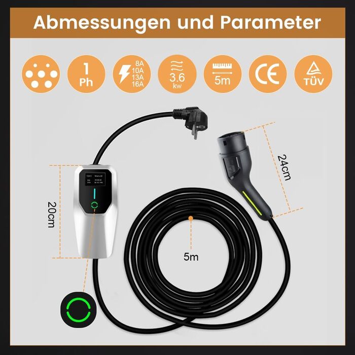 Зарядний пристрій для електромобілів AWESAFE Тип 2 schuko16A 3.7KW 1-фазний 5-метровий портативний зарядний кабель для електромобі