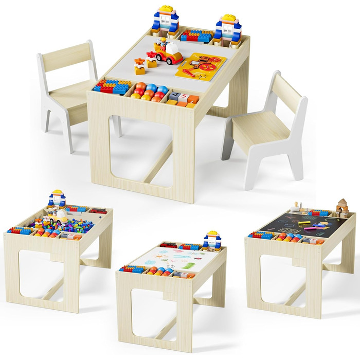 Дитячий комплект сидіння Clevich з місцем для зберігання, дитячий стіл з 2 стільцями, дитячий комплект столу та стільців з двосторонньою стільницею, дитячий стіл для дитячого садка, для дітей віком від 3 років, колір дерева