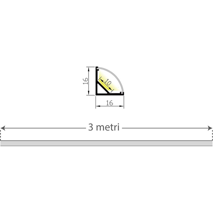 М 1616B алюмінієвий кутовий профіль, білий, 16 x 16 мм, для жорсткої світлодіодної стрічки, смуга, 3 м, 3 м кришка (3 м, 1616 молочно-білий), 1 шт., 3