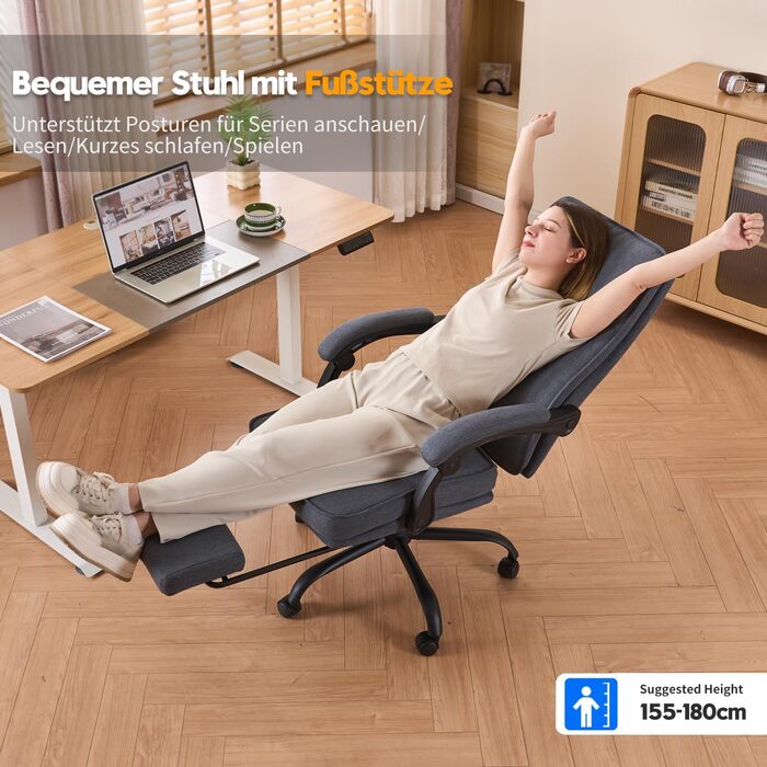 Ергономічне офісне крісло з функцією відкидання спинки, підставка для ніг, крісло з можливістю нахилу 90-135, синхронізовані підлокітники, вантажопідйомність до 150 кг, крісло керівника з високою спинкою, широке сидіння, тканина, темно-синя тканина